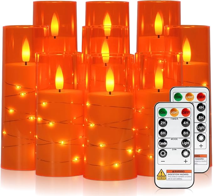Raycare Flameless Candle with Remote Timer – 9 Flickering Acrylic Battery Operated LED Pillar Candles with Embedded Star String for Halloween, Home Decor, and as a Gift (Orange)
