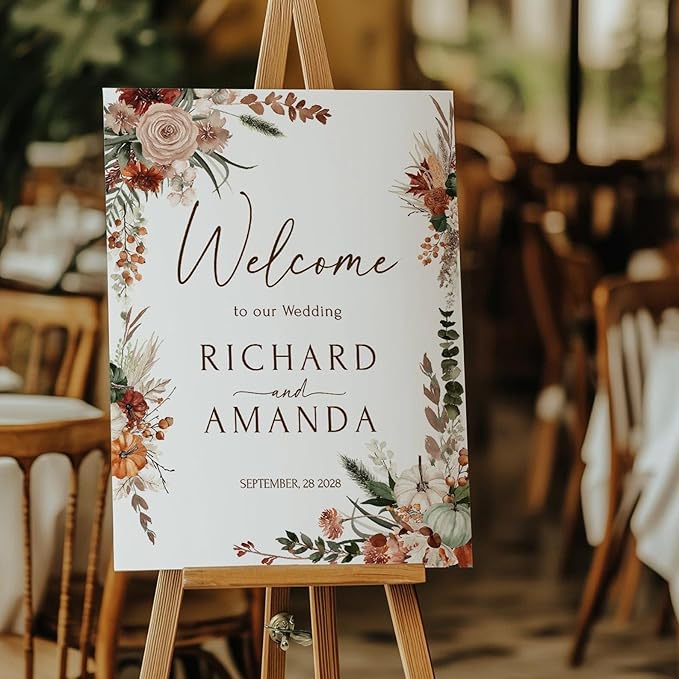 Welcome Wedding Sign Personalized, Terracotta Fall Burnt Orange Copper Wedding Sign Decorations Signage 12" X 18" (Small), 27" (Medium), 36" (Large), Plastic, Modern, Pole Mount, Weather