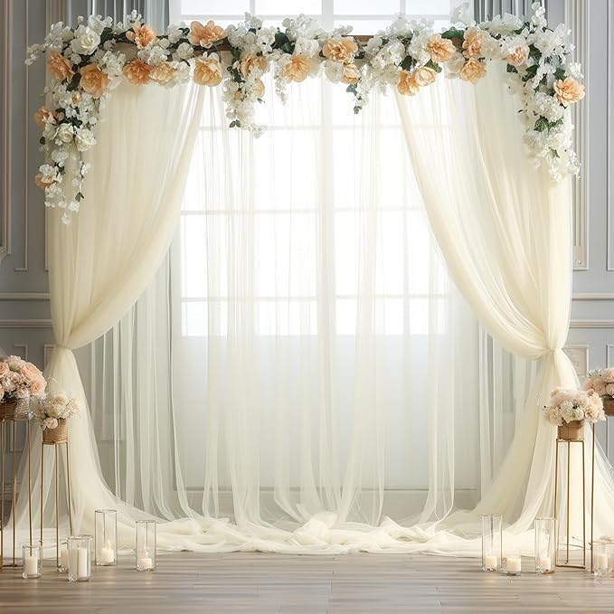 Ivory Tulle Backdrop Curtain for Wedding Parties 10ft x 8ft Sheer Backdrop Curtains for Bridal Shower Birthday Baby Shower Photo Shoot Background Decorations 2 Panels 5ft x 8ft
