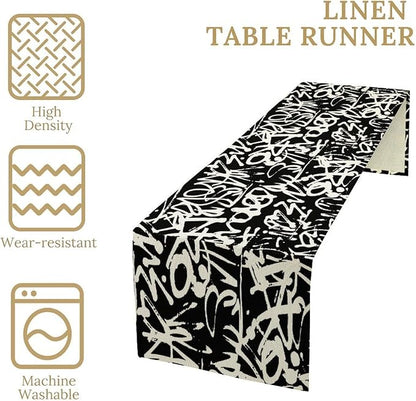 Graffiti Table Runner,Black White Abstract Messy Art Theme Pattern Print Tablecloth Burlap for Hotel Indoors Outdoor Dining Room Kitchen Home Decor,W13X L70 in