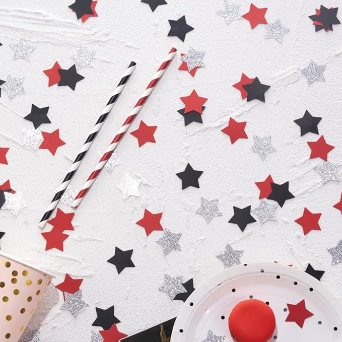 Red Black and Silver Star Confetti Table Decoration for 4th July Independence Day Graduation Retirement Patriotic Theme Party,1.2 inch in Diameter,200 Counts