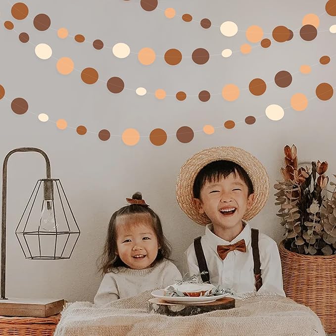 Ombre Brown Party Decorations Polka Dots Garlands Cream Tan Brown Boho Hanging Paper Circle Dots Streamer for Neutral Rustic Cowboy Western Teddy Bear Birthday Baby Shower Wedding Woodland Party Decor