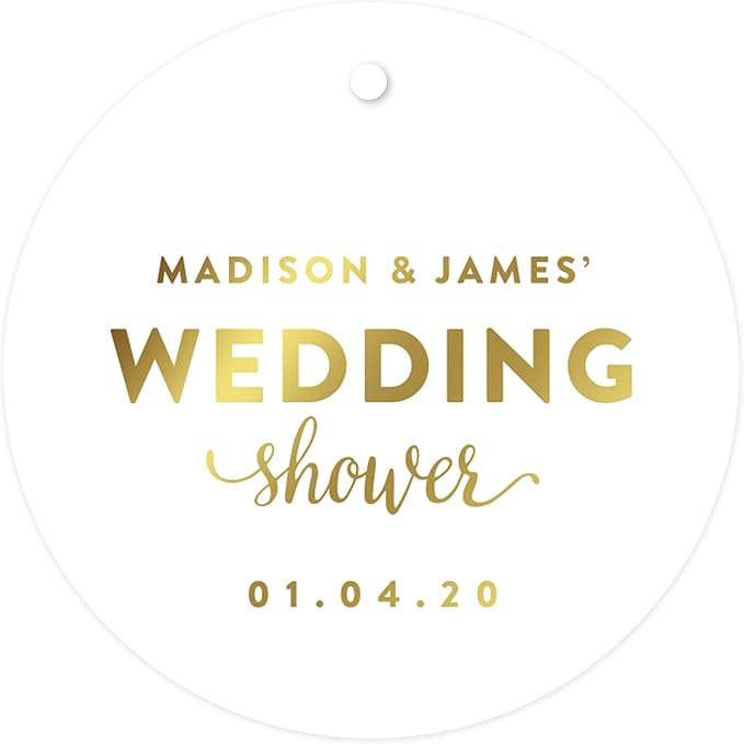 Andaz Press Personalized Round Circle Wedding Gift Tags, Metallic Gold Ink, Wedding Shower, 24-Pack, Custom Made Any Name