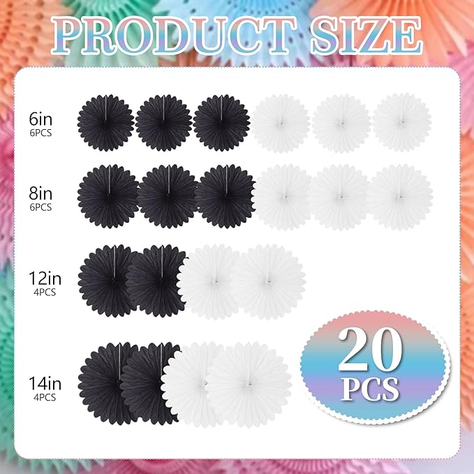 20 Pcs Black White Hanging Paper Fan, Round Paper Fans Decorations Set for Weddings, Birthdays, Engagement, Bridal Shower, Baby Shower Event, Graduation, Party Supplies Decor
