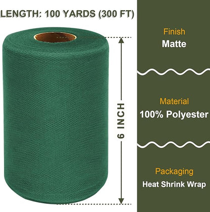 Hunter Green Tulle Fabric Roll 6 Inch X 300 FT (100 Yards) Matte Tulle Ribbon Netting Mesh Spool for DIY Tutu Skirt Wedding Bow Gift Wrapping Baby Shower Christmas Party Halloween Decorations