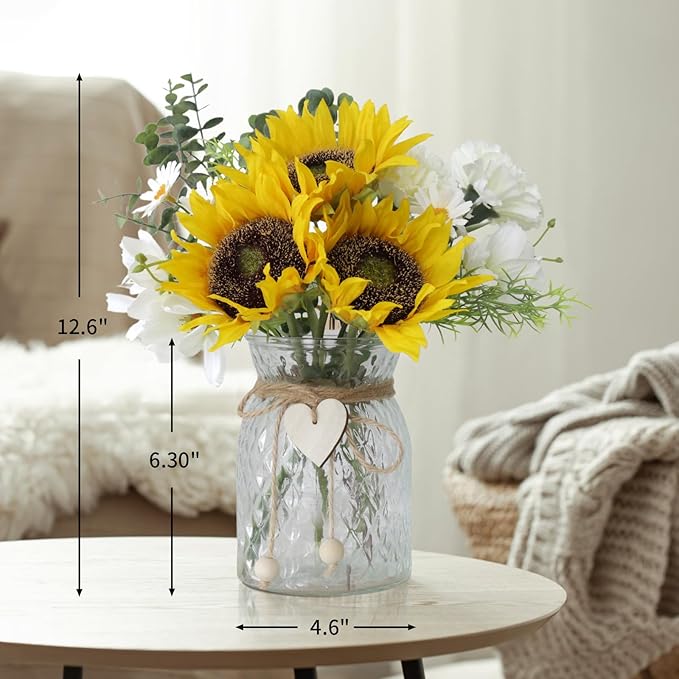 Artificial Sunflower Bouquets in Vase with a Flower Arrangement Holder - Centerpieces for Dining Room & Coffee Table Decor