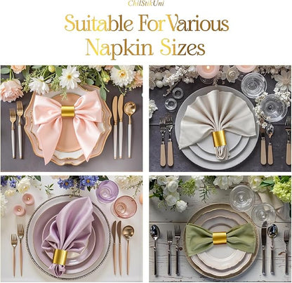 Polymer Material Reusable Napkin Band, Glue-Free Tear-Proof Water Resistant Oil-Proof Napkin Bands Set of 100(Front Brushed Gold Color and Back Silver), 6 Adjustable Sizes Napkin Rings