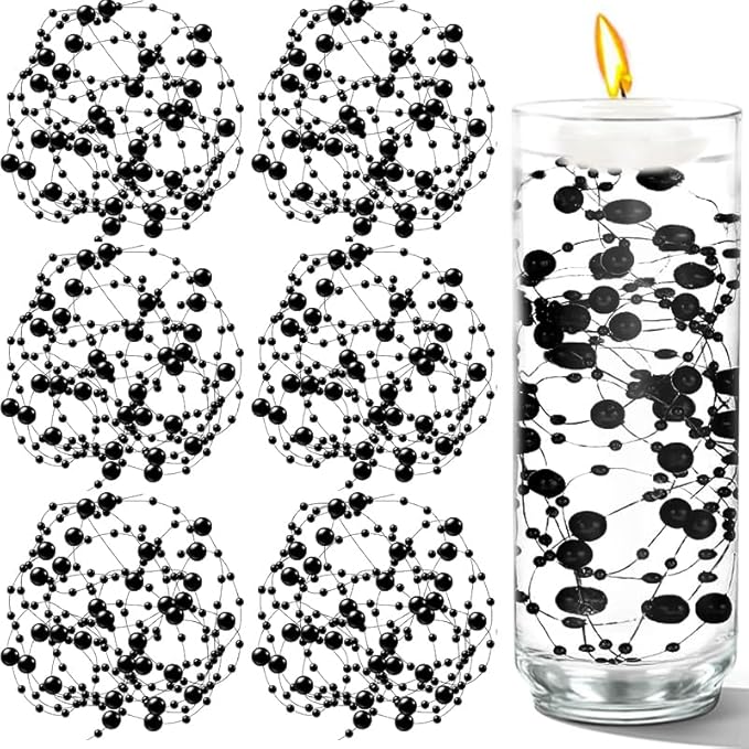 50 PCS Artificial Floating Beads for Centerpieces Vases, Black 8+3mm String Beads for Wedding Party Faux Pearl String for Decorating, String Pearls for Crafts Vase Filler