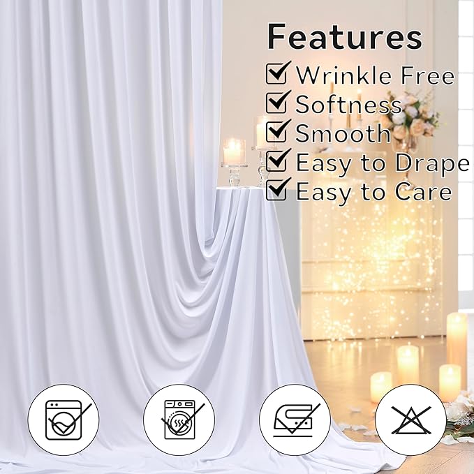 10×14 ft Wrinkle Free White Backdrop Curtain for Wedding Parties, 2 Panels 5×14ft Height Silky Polyester Photo Backdrop Drapes for Parties Birthday Baby Shower Photography Background Cloth