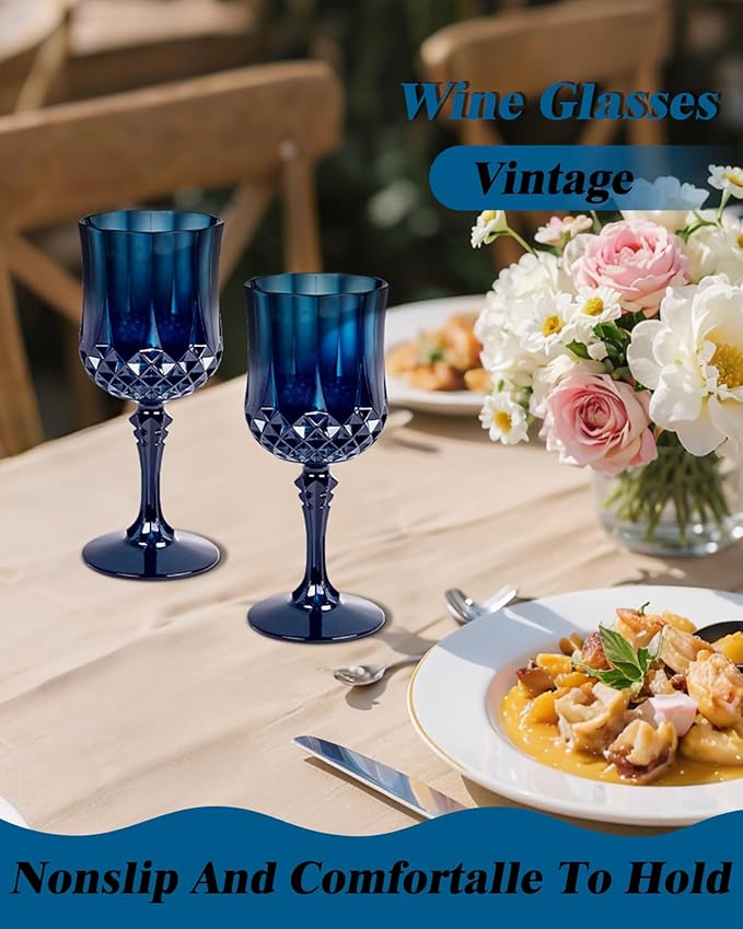 Ciaell 24PCS Blue Plastic Wine Glasses - 7 Oz Plastic Goblets for Party - Blue Vintage Drinking Glasses - Disposable Water Goblets Set for Wedding, Bar, Wine, Beer, Juice, Cocktail & Halloween