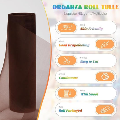 Crystal Organza Fabric Tulle 11 Inch by 50 Yards Sheer Tulle Rolls for DIY Craft Wedding Party Baby Shower Decor Gift Wrapping Party Supplies (Brown)