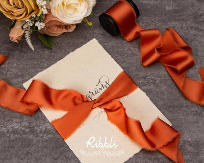 Ribbli Terracotta Silk Satin Ribbon - 1.5 Inch x 12 Yard Handmade Frayed Chiffon Burnt Orange for Gift Wrapping, Wedding Invitations, Bridal Bouquets & Home Decor
