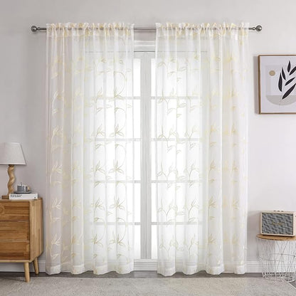 VISIONTEX Sheer Curtains 84 inch Length 2 Panels Set, White Voile Crushed Cream Vine Leaves Embroidery, Rod Pocket Embroidered Window Drapes for Living Room and Bedroom, 54" x 84"