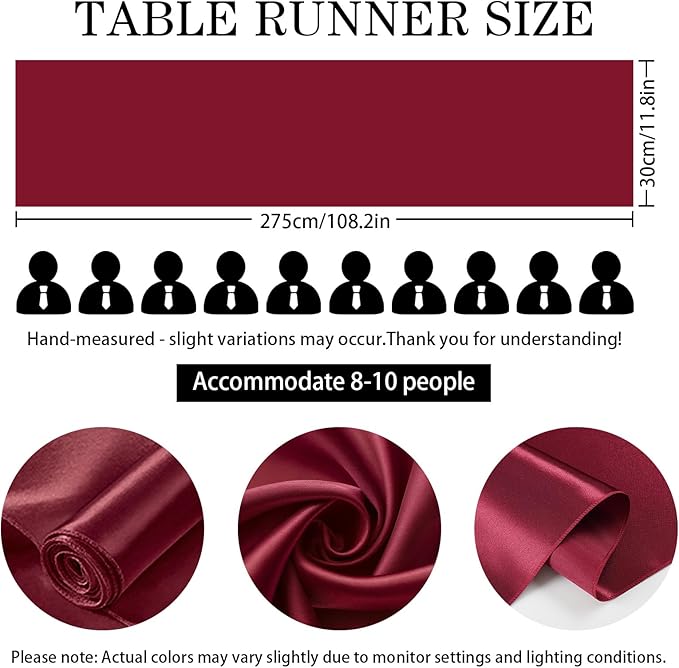 10 Pack Wine Red Satin Table Runner 12x108 Inches Long, Bright Silky Smooth Satin Table Runner Table Decor for Wedding Banquet Christmas Prom Event Birthday Party
