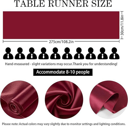 10 Pack Wine Red Satin Table Runner 12x108 Inches Long, Bright Silky Smooth Satin Table Runner Table Decor for Wedding Banquet Christmas Prom Event Birthday Party