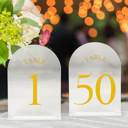 JOYIT Frosted Arch Wedding Table Numbers 1-50 with Stands – 5" X 7" Acrylic Gold Table Number Holders, Perfect for Wedding Receptions, Parties, Anniversaries, and Events