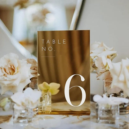 JINMURY Gold Wedding Table Numbers 1-30 with Stands, 5"x7" Gold Mirror Acrylic Table Numbers, Perfect for Wedding Reception, Party, Anniversary, Event