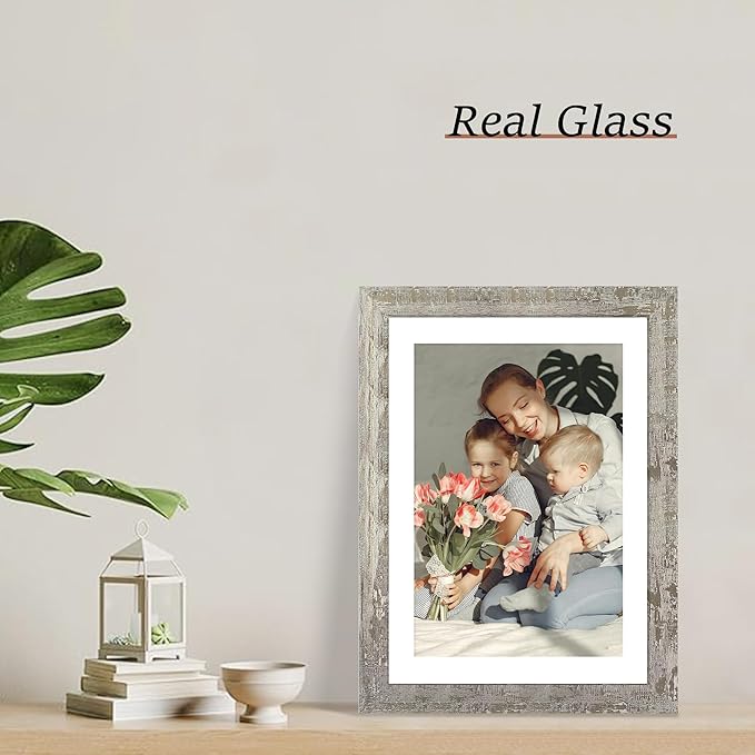 10x14 Picture Frame Set of 4 with Tempered Glass, Distressed Moss Green Frames Display 8x12 Picture with Mat or 10 x 14 Without Mat, Rustic Wood Photo Frames for Wall Mounting