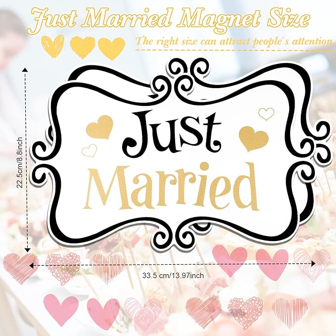 2 Pcs Large Just Married Car Decorations Just Married Car Magnets Sign Decoration 13.9 x 8.8 Inch Honeymoon Rear Tailgate Magnet Stickers for Wedding Door Panel Refrigerator(Black and Gold)