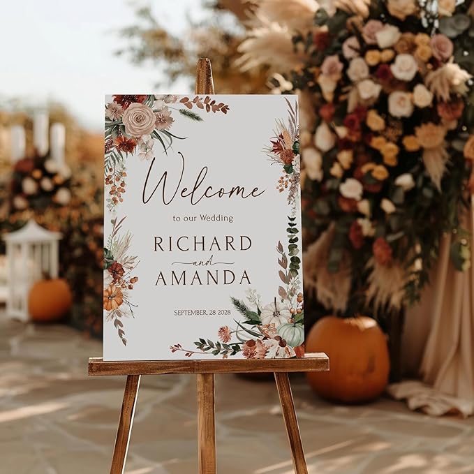 Welcome Wedding Sign Personalized, Terracotta Fall Burnt Orange Copper Wedding Sign Decorations Signage 12" X 18" (Small), 27" (Medium), 36" (Large), Plastic, Modern, Pole Mount, Weather