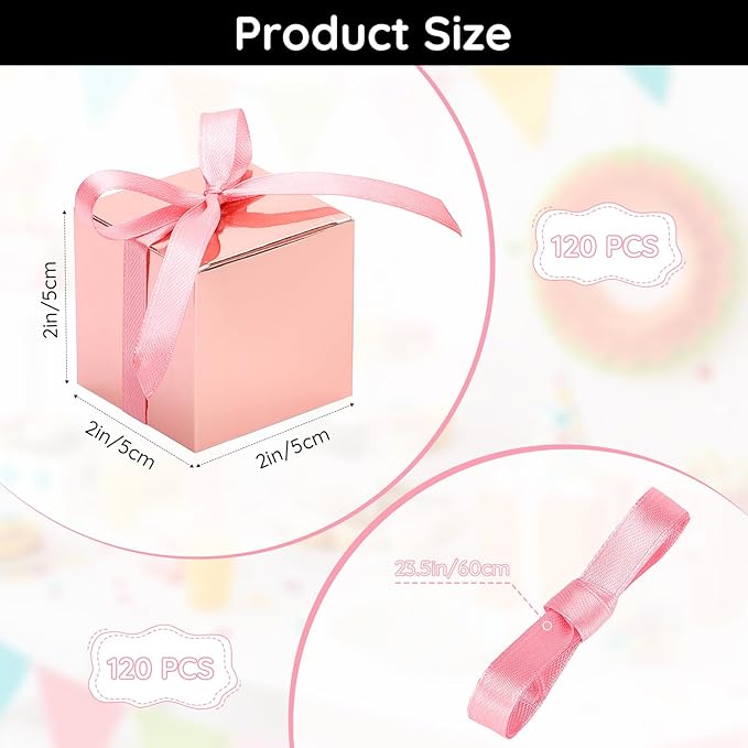 EUSOAR Candy Boxes Party Favors, 120pcs 2x2x2 Inches Mini Boxes Candy Box with Ribbons, Square Bakery Cookies Box Paper Chocolate Containers for Wedding Anniversary Bridal Party Favor Decoration