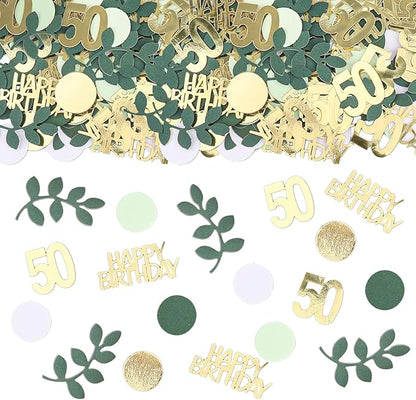 Sage Green 50th Happy Birthday Confetti, 50th Birthday Table Decorations Scatter Green Gold Foil Cake Confetti Decorations for 50 Bday Women Men Party Decor 230 Pcs