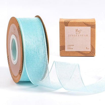 1 Inch Wide Sheer Chiffon Ribbon - Pearl Silk Woven Ribbon Suitable for Gift Wrapping, Wedding Decor, Home Decor, Girl Hair Accessories Handmade DIY (25 Yards/roll) (Tiffney Blue)