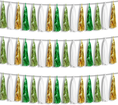 3P Sage-Green Beige-Mint Gold Foil Fringe Metallic Tassel Garland Banner, Tassels Banner Streamers for Parade Floats, Bachelorette, Wedding, Birthday, Christmas, Bridal/Baby Shower Party Decorations