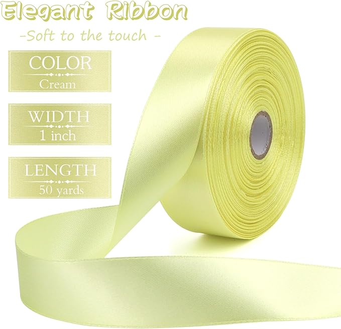 Cream Solid Satin Ribbon 1 Inch 50 Yards Solid Polyester Fabric Ribbon for Gift Wrapping Wedding Christmas Baby Shower Birthday Party Decoration Handmade Immortal Flower Craft