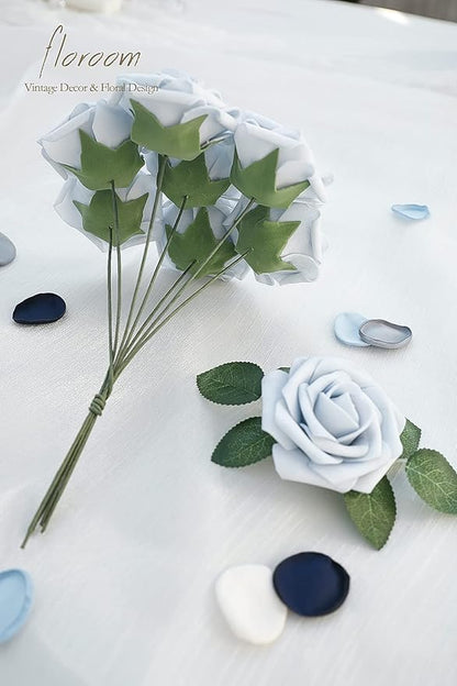 Floroom Artificial Flowers 25pcs Real Looking Powder Blue Foam Fake Roses with Stems for DIY Wedding Bouquets Bridal Shower Centerpieces Floral Arrangements Party Tables Home Decorations