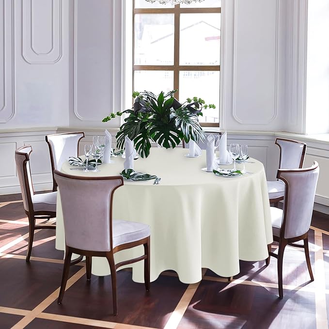 Biscaynebay Textured Fabric Round Tablecloths 90", Ivory Water Resistant Washable Table Cloths Circle Folding Table Covers Linen for Dining, Kitchen, Wedding, Parties etc