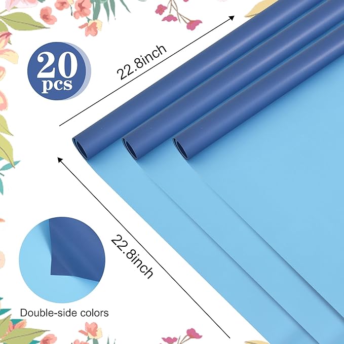 BEISHIDA 20Pcs Royal Blue and Sky Blue Double Sided Floral Wrapping Paper Matte Waterproof Flower Bouquet Wrapping Paper for Floral Wrap Florist Packing Birthday Valentine's Christmas Gift Wrapping
