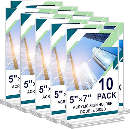 Acrylic Sign Holder 5x7, 10 Pack Clear Double Sided Table Menu Vertical Display Stand Desktop Display Stand Paper Holder Table Sign Suitable for Restaurants Office Store Show Fair