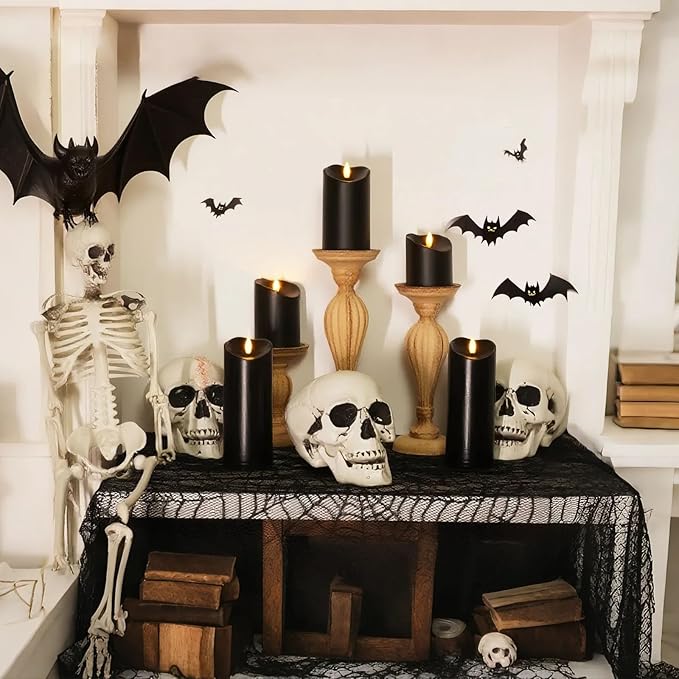 Amagic Black Halloween Flameless Candles with Remote, Waterproof Outdoor Candles Battery Operated with Timer, Plastic Flickering LED Pillar Candle for Holiday, Theme Party, Pumpkin Decor, Set of 5
