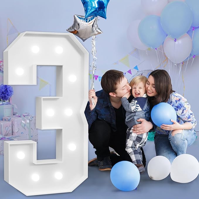 imprsv Marquee Numbers Large 3rd-Birthday Decorations: 4ft Light Up Number Party Decor 3 Year Old Girl and Boy Birthday Decoration Backdrop Anniversary Cardboard Big Mosaic Balloon Frame Number 3