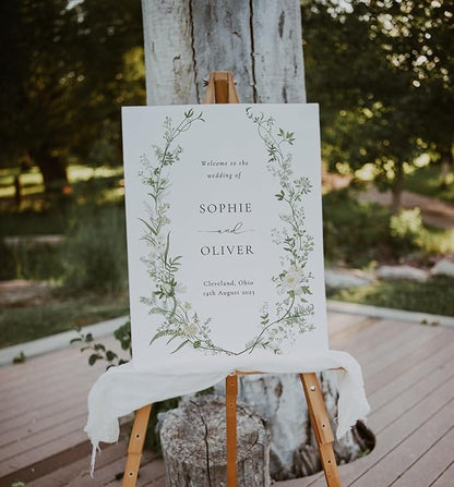 Personalized Wedding Welcome Sign, Greenery White And Green Floral Wedding Sign Signage 12" X 18" (Small), 27" (Medium), 36" (Large), Plastic, Modern, Pole Mount, Weather