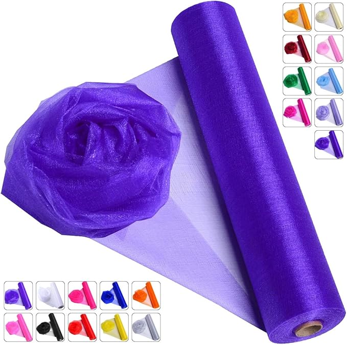 Crystal Organza Fabric Tulle - 16" by 50 Yards Sheer Fabric for Wedding Party Decoration Bridal Shower Tutu Roll Netting Spool Ribbon Wrapping (Dark Purple)