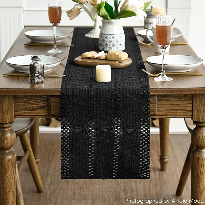 Artoid Mode Black Farmhouse Woven Rustic Hollow Table Runner, Seasonal Holiday Kitchen Dining Table Decoration for Home Party Decor 12x36 Inch