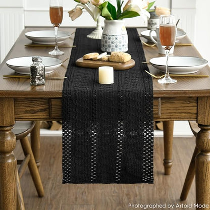 Artoid Mode Black Farmhouse Woven Rustic Hollow Table Runner, Seasonal Holiday Hollow Kitchen Dining Table Decoration for Home Party Decor 12x72 Inch