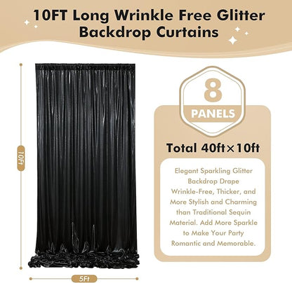 leegleri 40ftx10 ft Black Glitter Sequin Backdrop Curtain for Parties, Wrinkle Free Sparking Backdrop Drapes, 8 Panels 5x10ft Shimmer Photo Back Drop Cloth for Wedding Birthday Photography Background