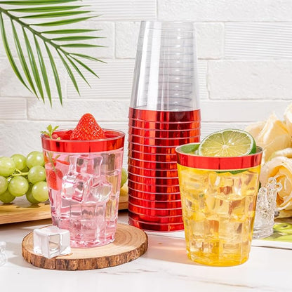 DaYammi 100 Pack Red Plastic Cups 10 Oz Clear Red Rimmed Plastic Cups for Party Fancy Disposable Cup for Wedding Disposable Glasses Clear Tumblers with Rim for Birthday Elegant Wine Cocktail Cup