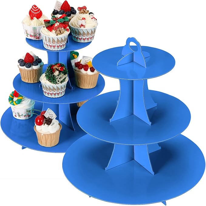 2Pcs 3-Tier Cupcake Stand, Cake Stand holder, Tiered DIY Cupcake Stand Tower for Dessert Table Displays, Birthday Theme Party Favors Decoration, Floral Tea Party, 12" W x 12.8" H, Blue