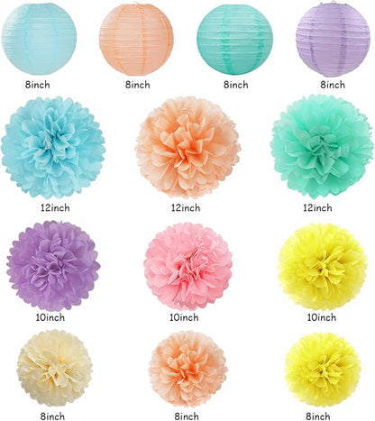 Pastel Rainbow Party-Decorations - 20pcs Pink Yellow Blue Classroom Ceiling Paper Lanterns Fans ,Girl Birthday Tissue Pom Poms,Honeycomb Balls,Bunting,Baby Shower Bridal Wedding Decor Burgleda