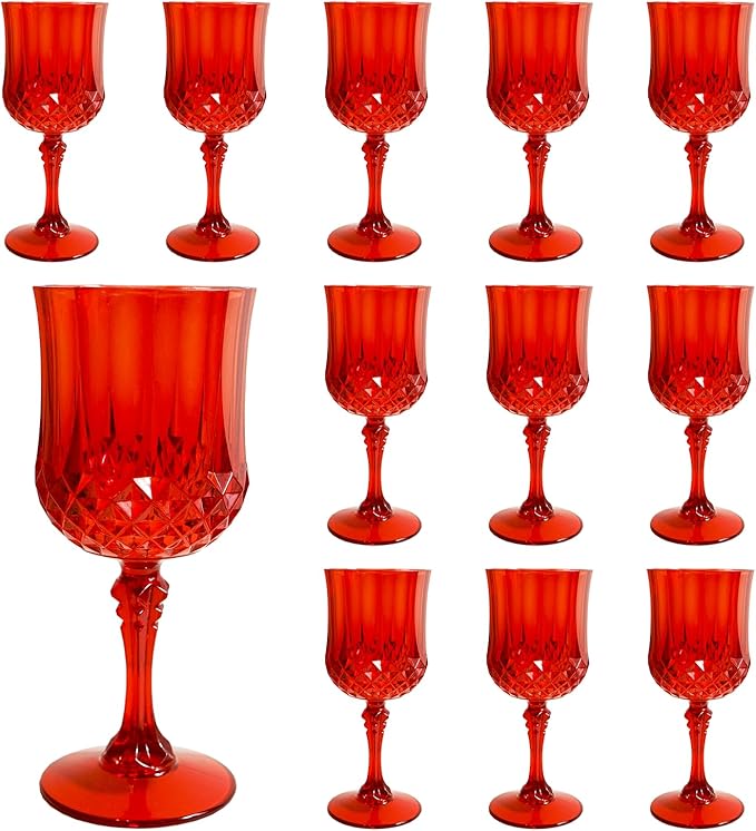 Plastic Wine Glasses，Plastic Goblets Vintage Style Cordial Drinking Glasses for Wedding Reception, Christmas Grand Event Party Supplies (12, Red)