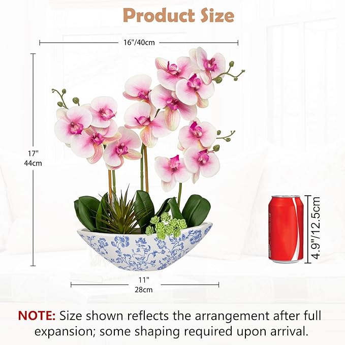 Briful Pink Orchid Fake Flowers 17in Artificial Orchid Silk Flowers in Blue and White Ceramic Vase Faux Orchid Arrangement for Elegant Home Office Room Dining Table Centerpiece Shelf Modern Decor