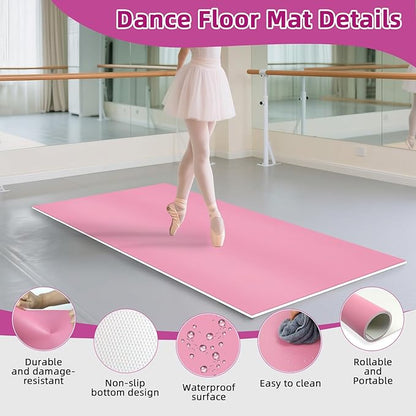 Dance Floor Mat Non-Slip with Shoulder Strap Portable and Dance Resistance Band, Dance Floor for Ballet,Jazz, Pop Thick PVC Practice Floor Reusable Mat (Pink, 180cm*90cm*0.35cm)
