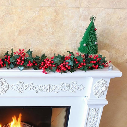 Uguisu 2pcs 5.6ft Red Artificial Christmas Garland,Eucalyptus Green Garland with Berry Flower Clusters,Artificial Vines for Fireplaces,Dining Tables,Christmas Parties