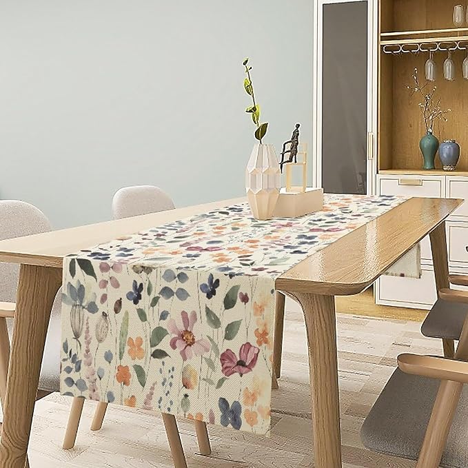 Watercolor Floral Table Runner, Vintage Colorful Floral Natural Style Pattern Decorative Home Restaurant Kitchen Rectangle Table Runner,13in（33cm） W * 90in（229cm） L