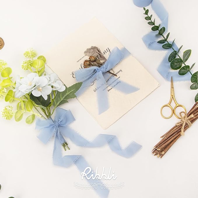 Ribbli Light Dusty Blue Ribbon 1 Inch x 3 Rolls Total 24 Yards Light Blue Handmade Fringe Chiffon Silk Ribbon for Wrapping Wedding Invitations Bridal Bouquets DIY Crafts Home Decor