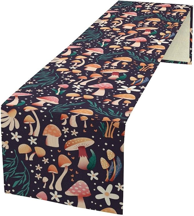 Mushroom Table Runner,Retro Forest Plant Table Cloth Farmhouse Kitchen Dining Table Decoration for Home Party Decor 13x120 Inch